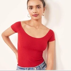REFORMATION STAR RIB KNIT CHERRY OFF SHOULDER TOP